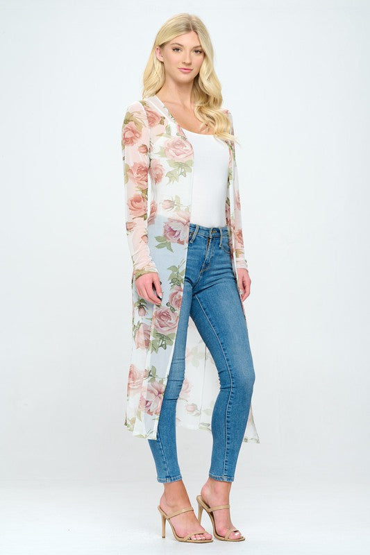 Floral long line mesh floral duster