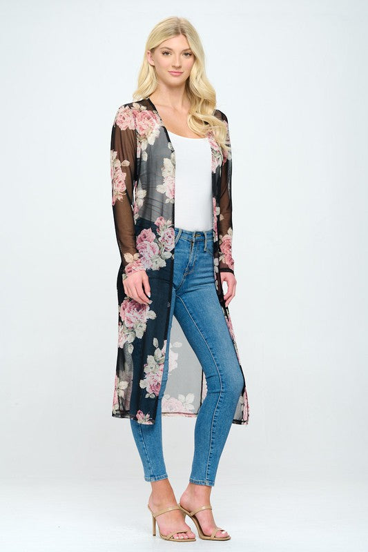 Floral long line mesh floral duster