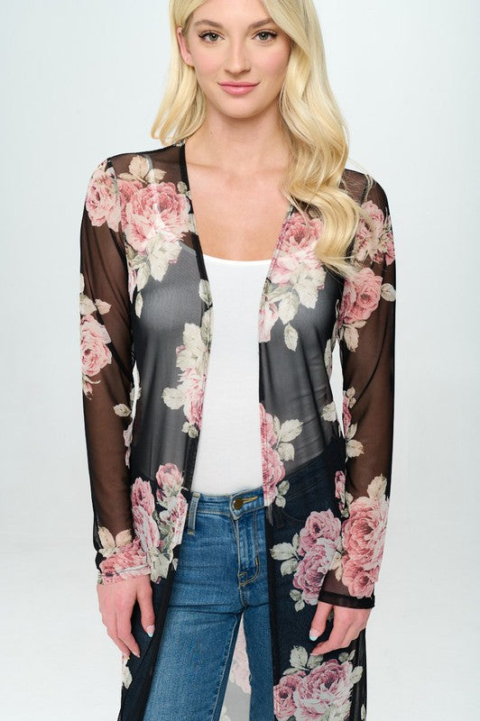 Floral long line mesh floral duster