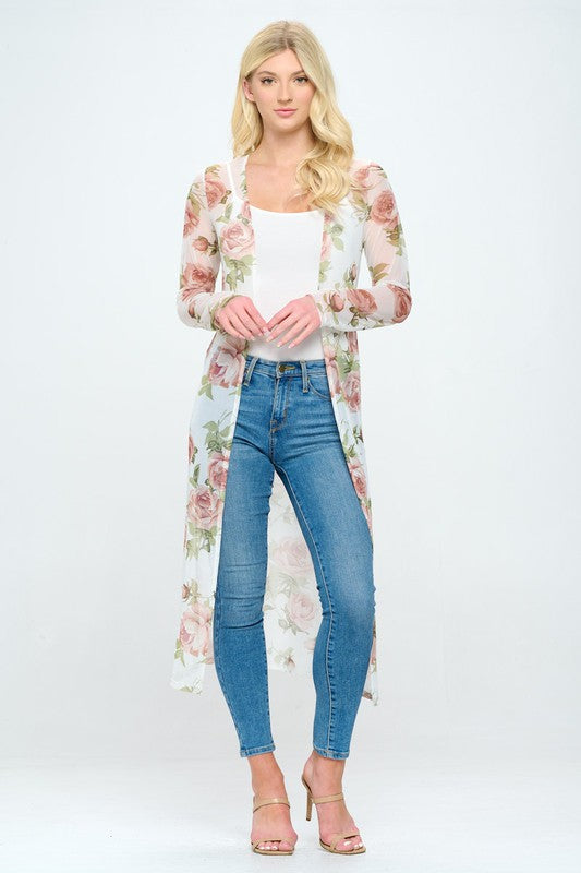 Floral long line mesh floral duster