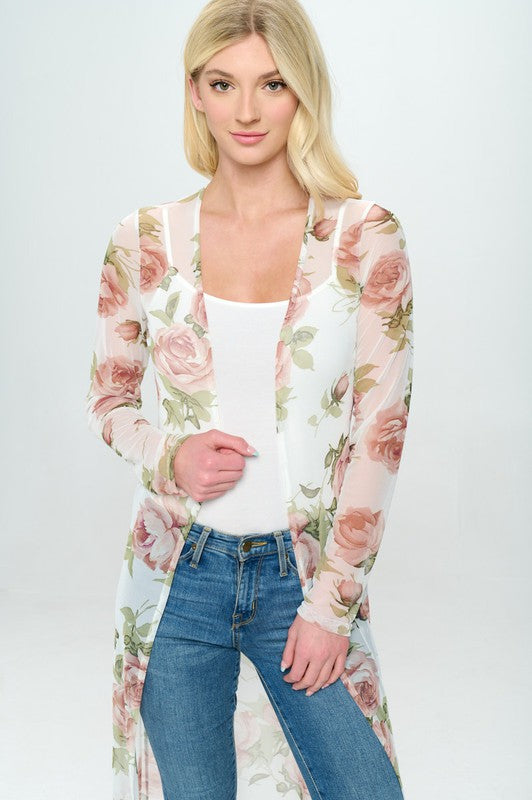 Floral long line mesh floral duster