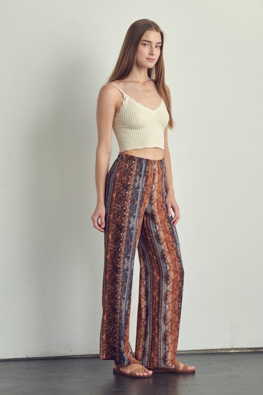 Elastic waisted palazzo pants in ethnic print