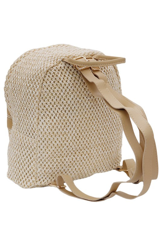 Fishnet Mesh Woven Straw PU Leather Lined Backpack