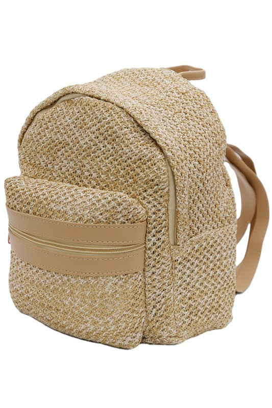 Fishnet Mesh Woven Straw PU Leather Lined Backpack