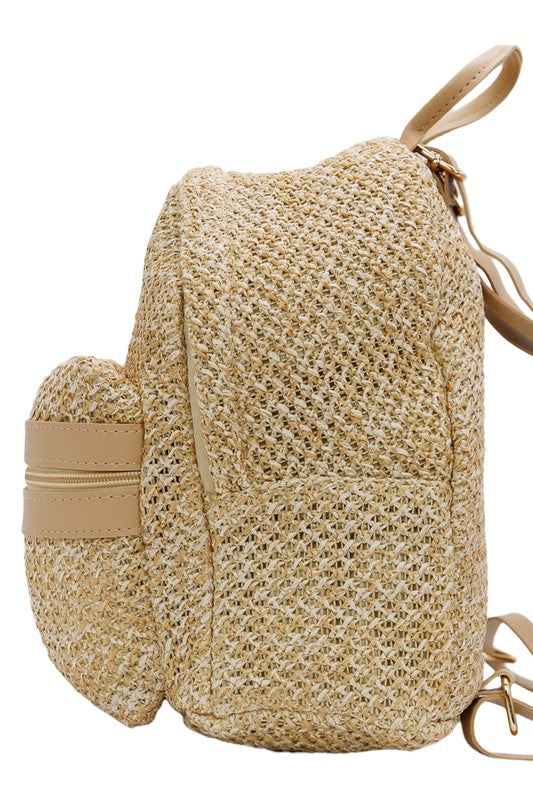 Fishnet Mesh Woven Straw PU Leather Lined Backpack