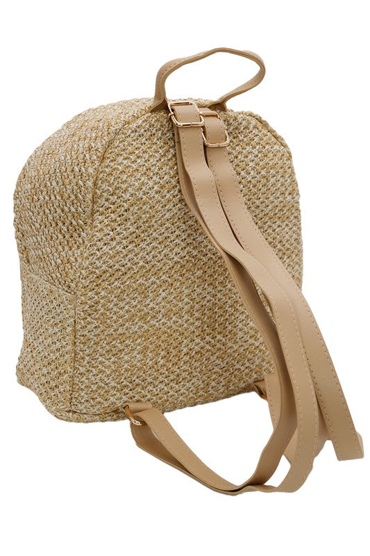 Fishnet Mesh Woven Straw PU Leather Lined Backpack