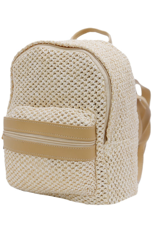 Fishnet Mesh Woven Straw PU Leather Lined Backpack