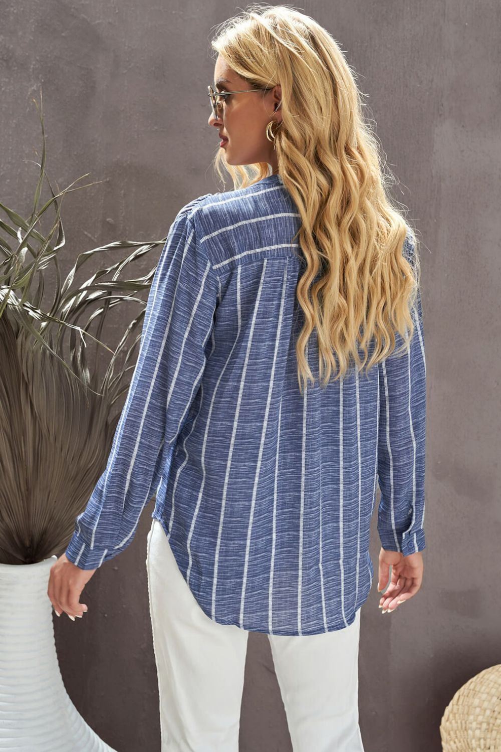 Striped V-Neck High-Low Shirt with Breast Pocket