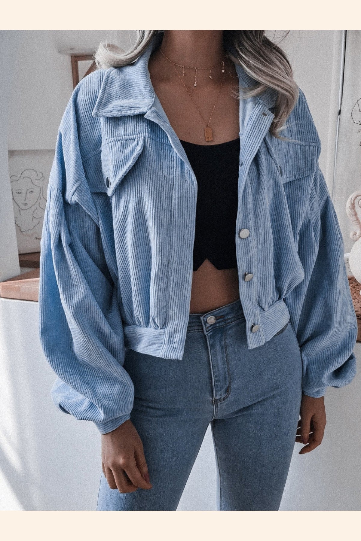 Lantern Sleeve Cropped Corduroy Jacket