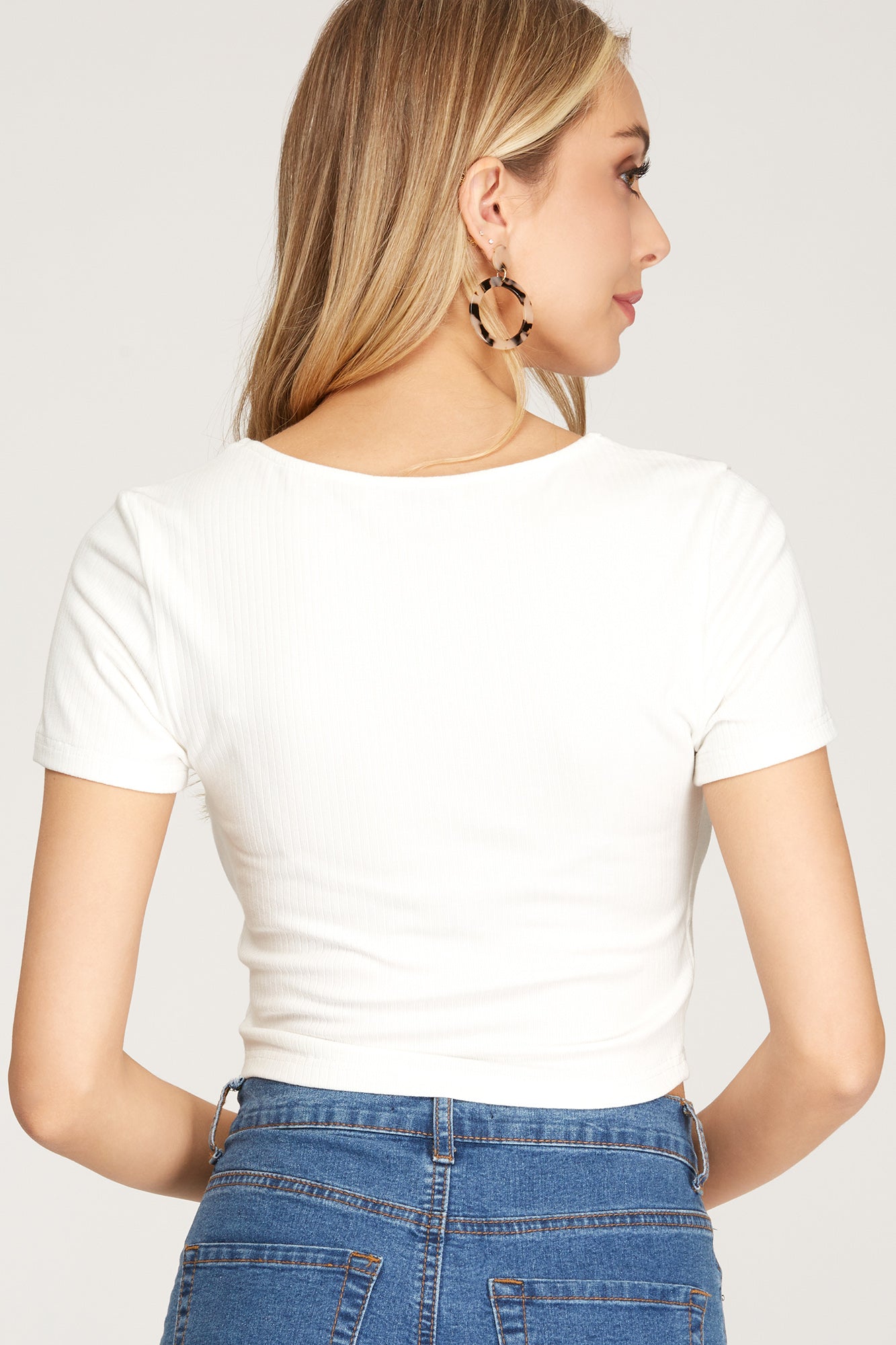 SS9127 She & Sky Short Sleeve Square Neck Stretch Rib Knit Top Tops