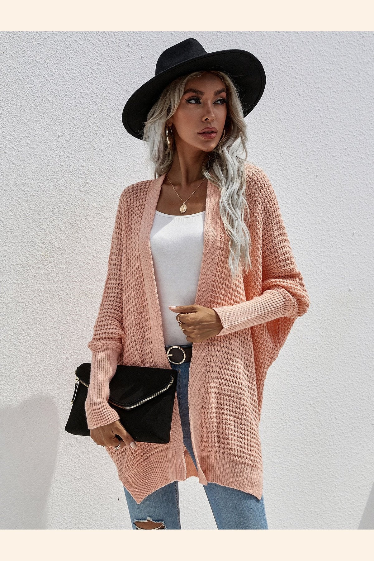 Waffle Knit Open Front Cardigan