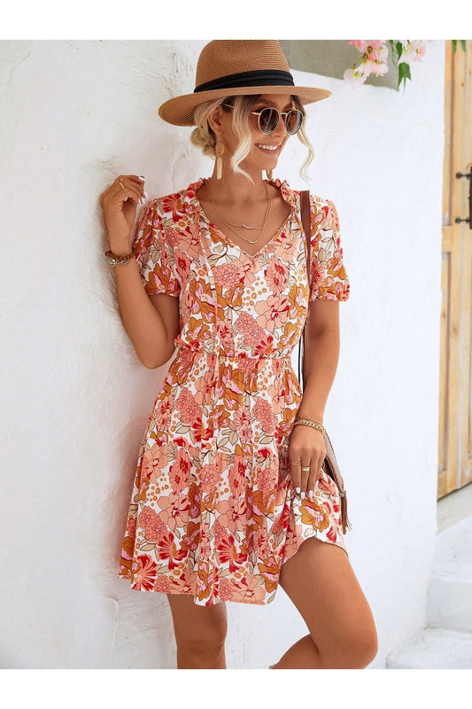 Floral Tie Neck Puff Sleeve Tiered Dress