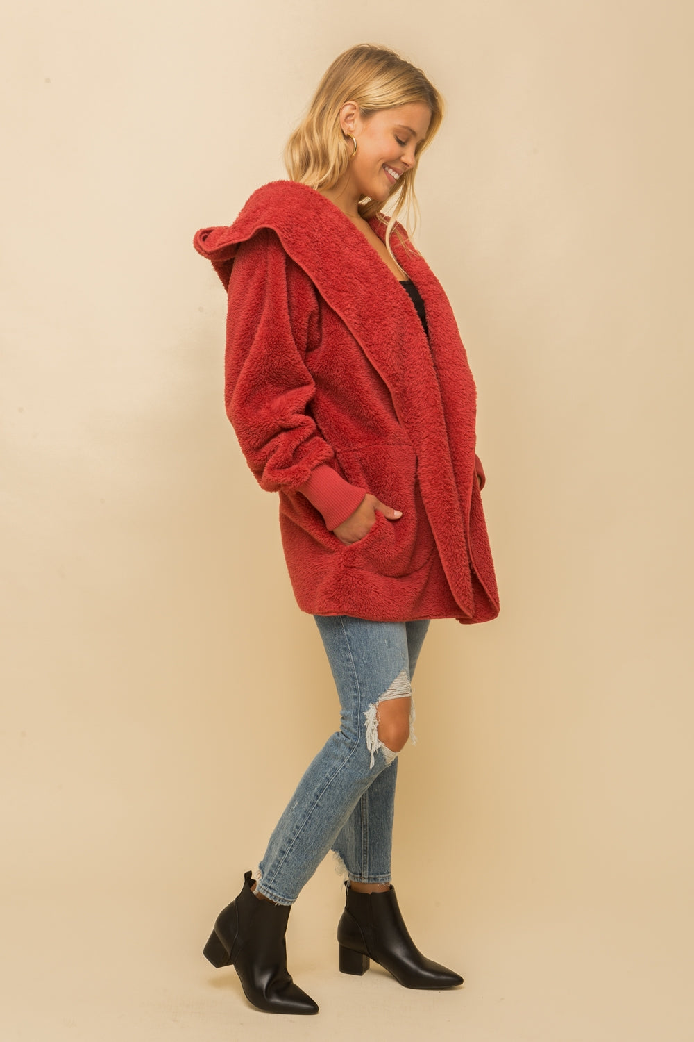 L2394 Hem & Thread Faux Fur Plush Hooded Jacket Jackets