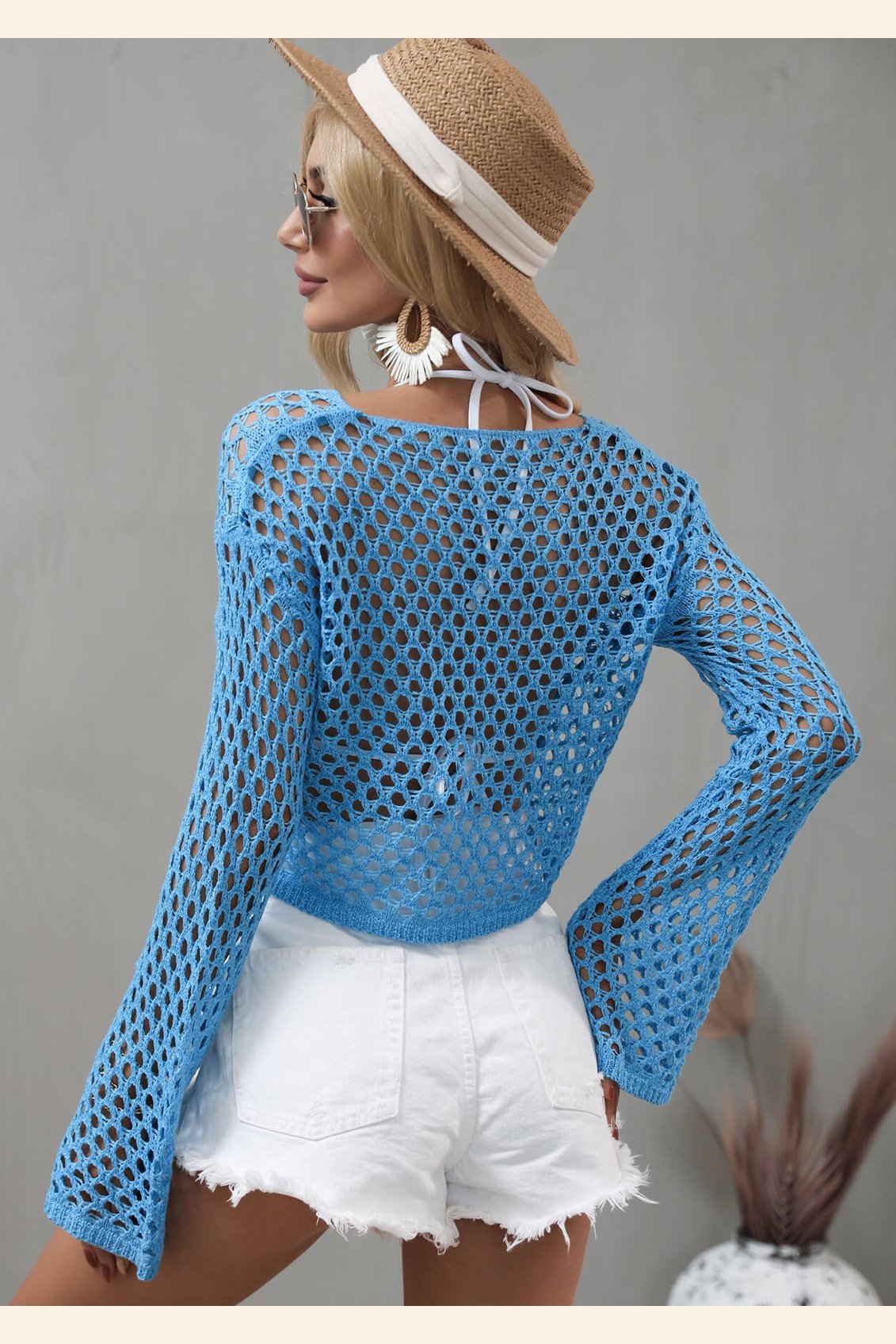 Openwork Flare Sleeve Cropped Cover Up