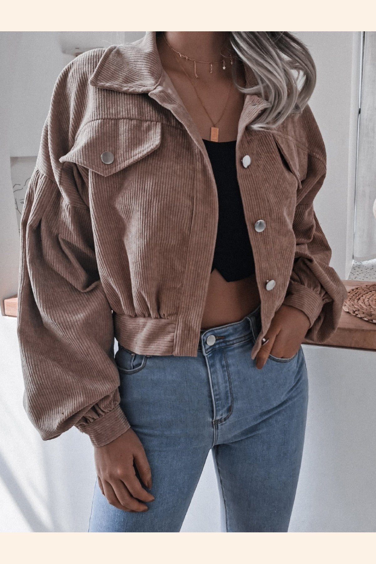 Lantern Sleeve Cropped Corduroy Jacket