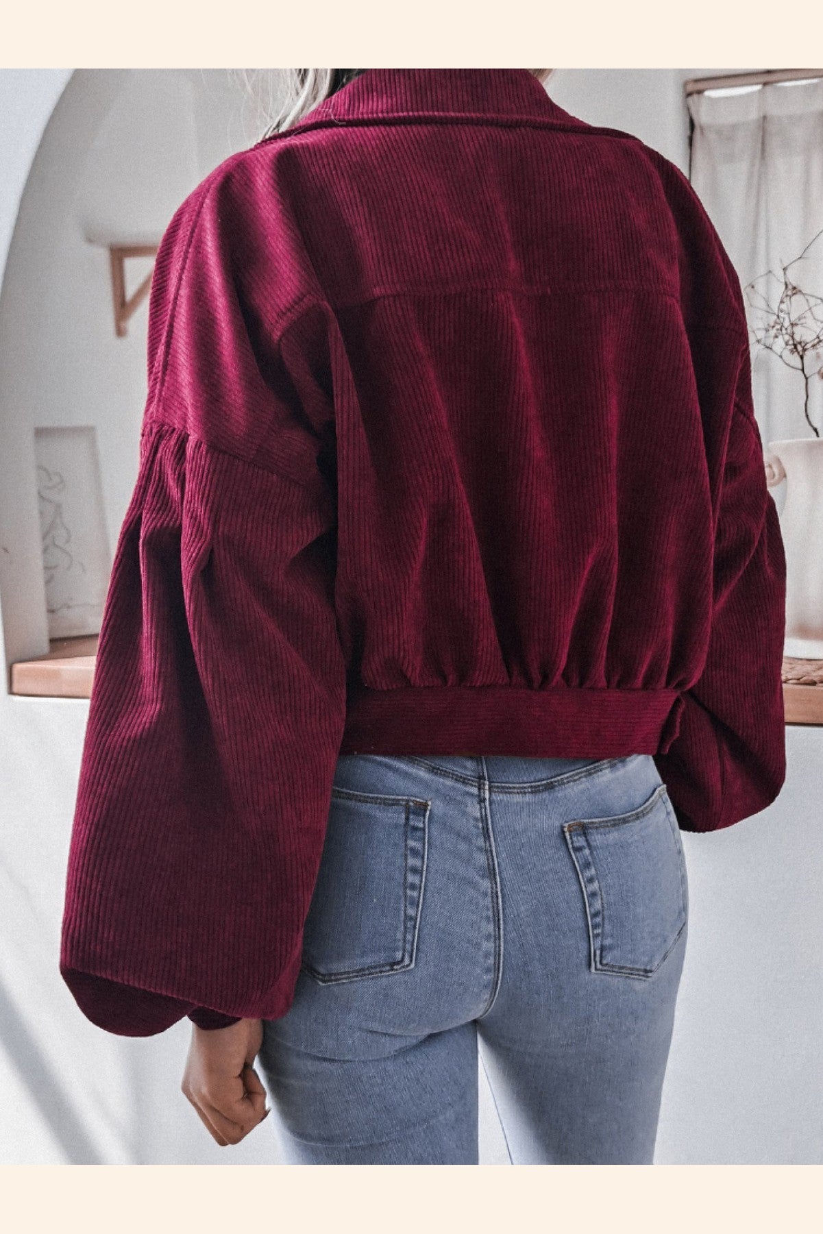 Lantern Sleeve Cropped Corduroy Jacket