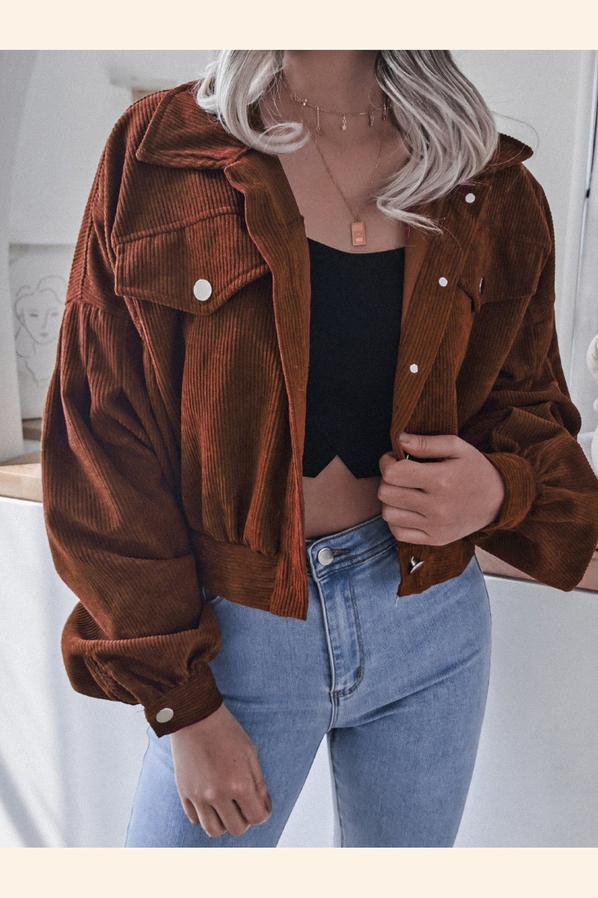 Lantern Sleeve Cropped Corduroy Jacket