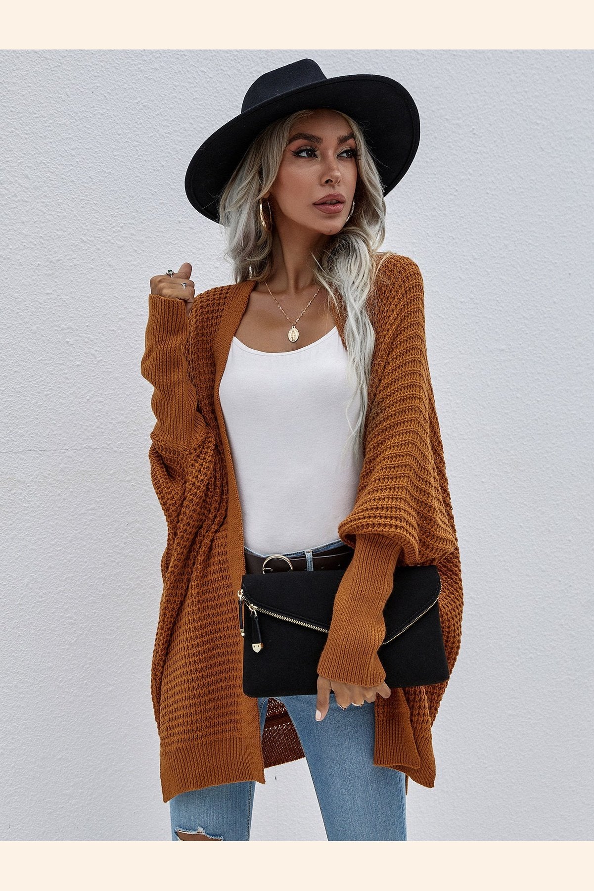 Waffle Knit Open Front Cardigan