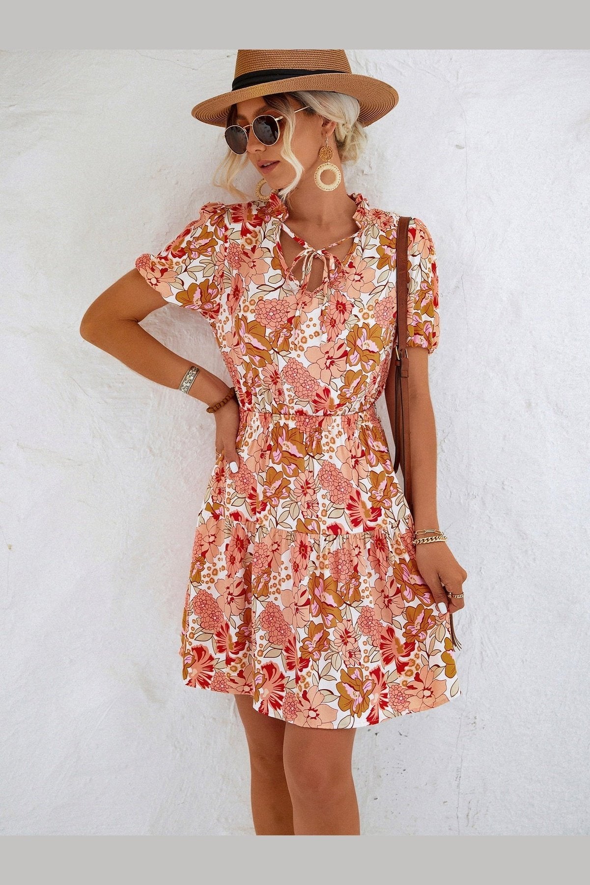 Floral Tie Neck Puff Sleeve Tiered Dress