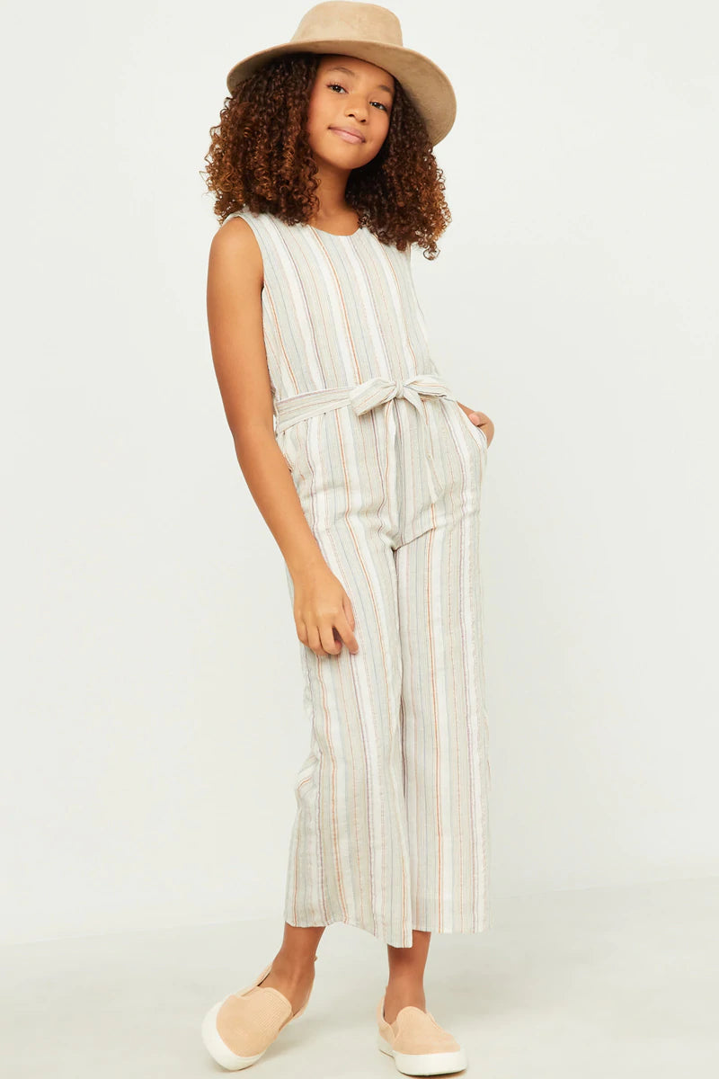 GN4537 Hayden Girls Multi Stripe V Neck Sleeveless Belted Jumpsuit 