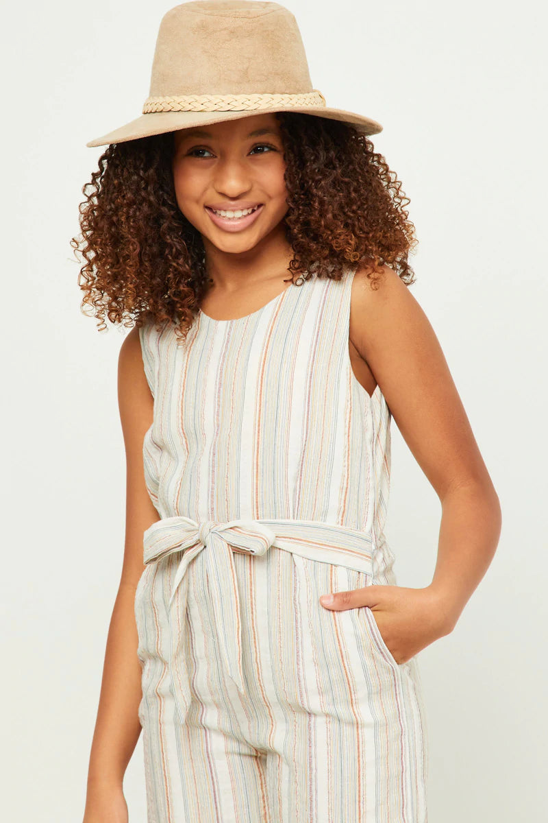 GN4537 Hayden Girls Multi Stripe V Neck Sleeveless Belted Jumpsuit 