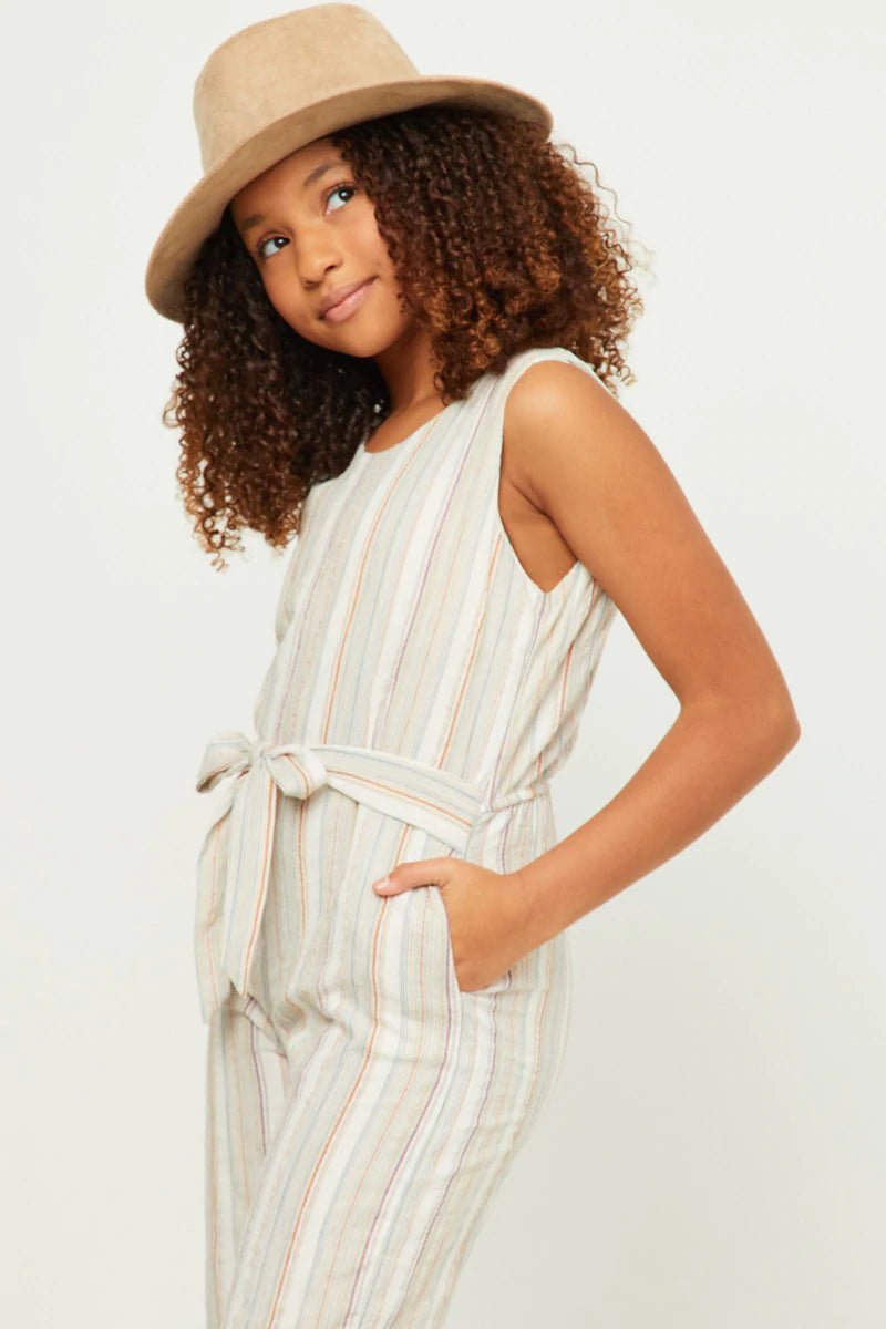 GN4537 Hayden Girls Multi Stripe V Neck Sleeveless Belted Jumpsuit 