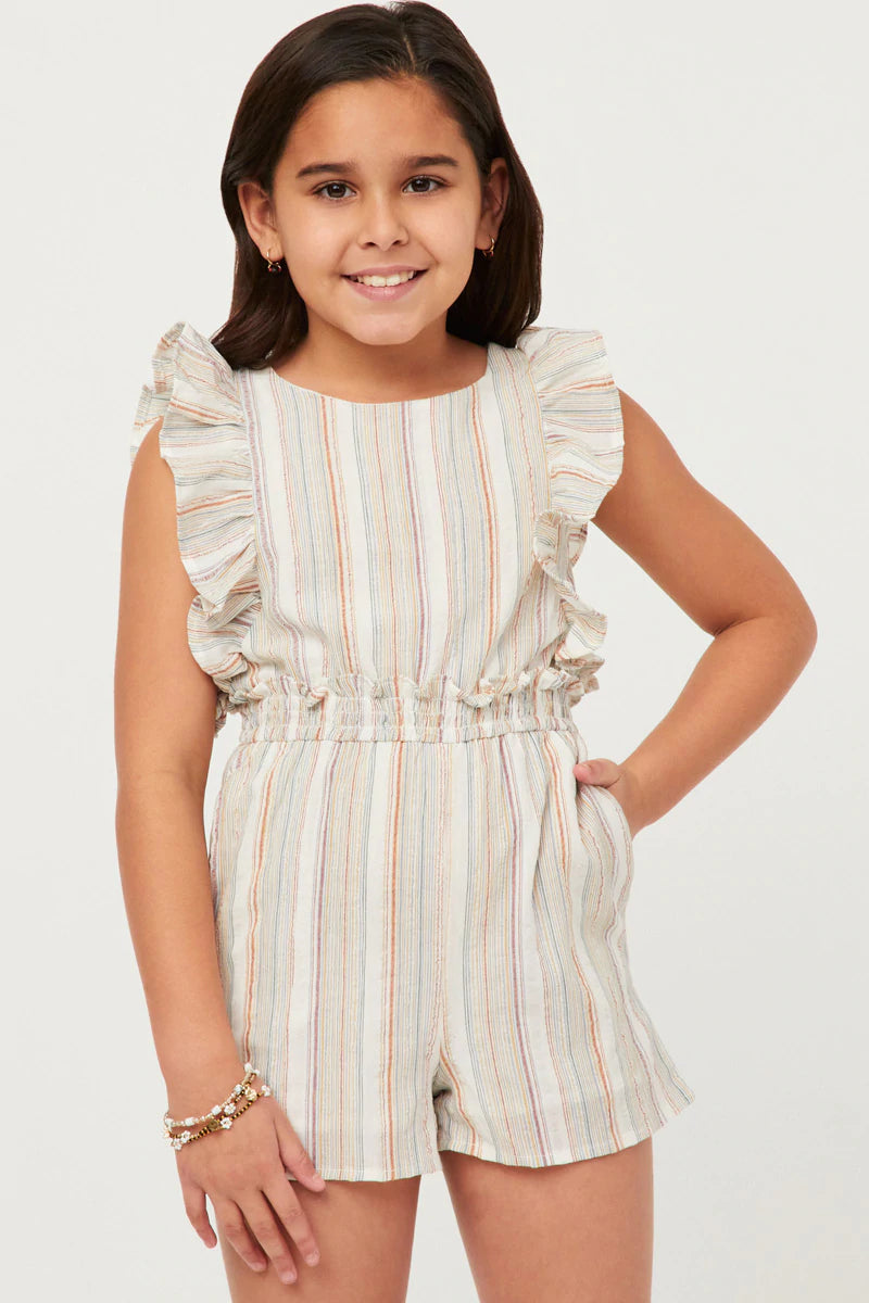 GN4538 Hayden Girls Multi Stripe Ruffle Detailed Waist Romper 