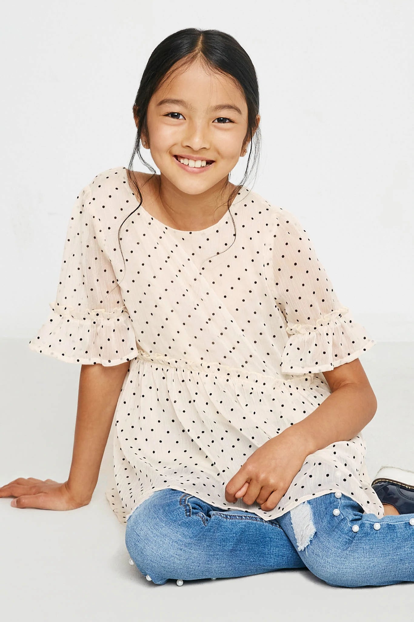 GY2775 Hayden Girls Ruffled Detail Sheer Polka Dot Peplum Top 