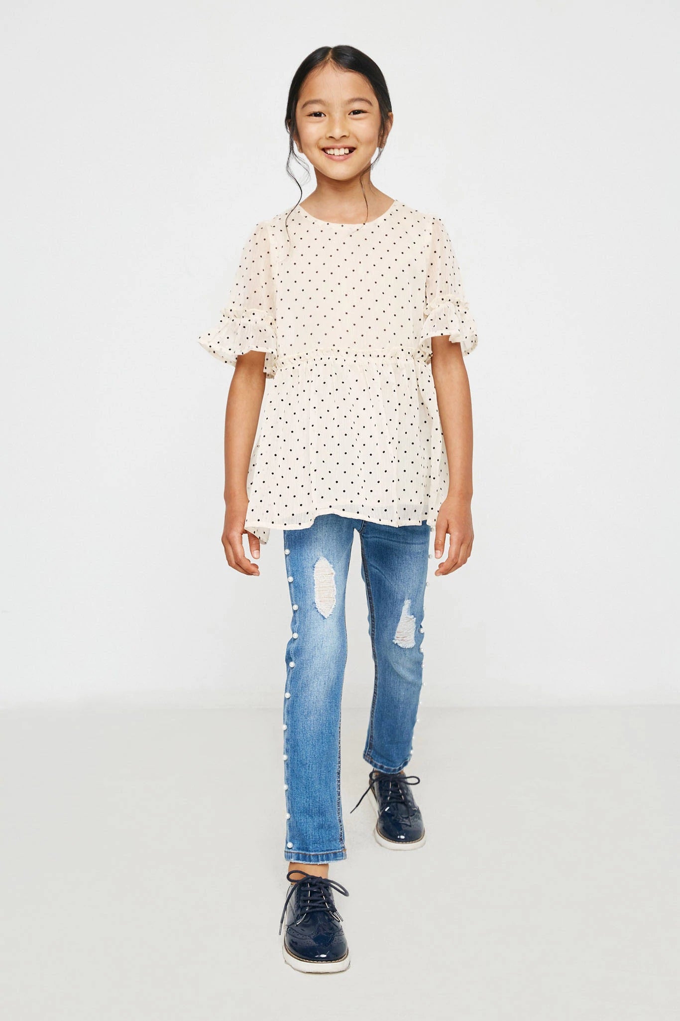 GY2775 Hayden Girls Ruffled Detail Sheer Polka Dot Peplum Top 