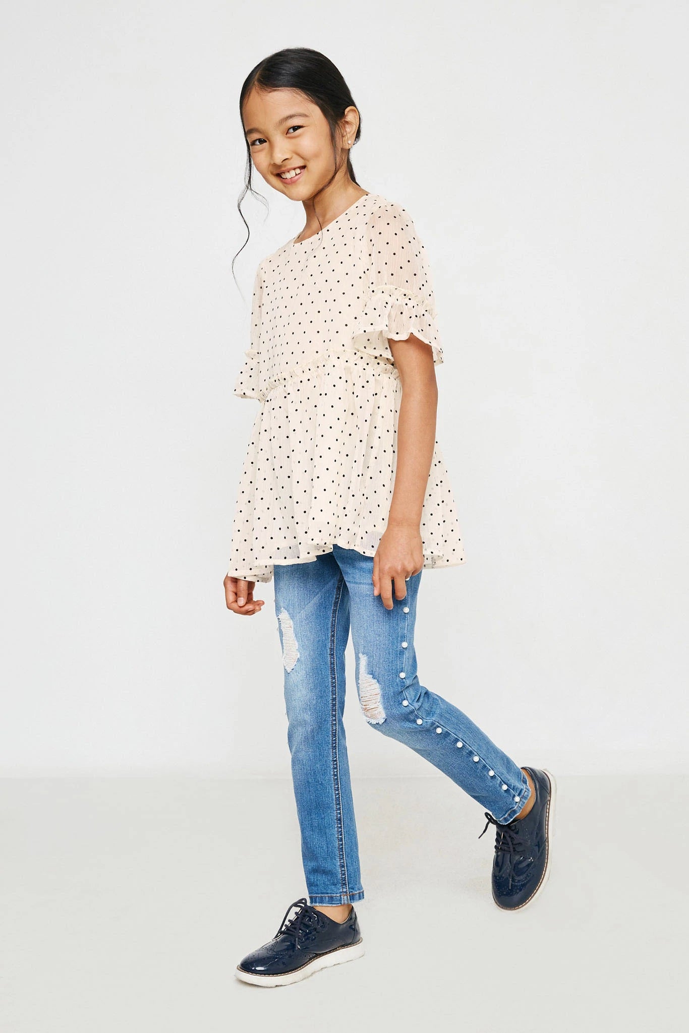 GY2775 Hayden Girls Ruffled Detail Sheer Polka Dot Peplum Top 