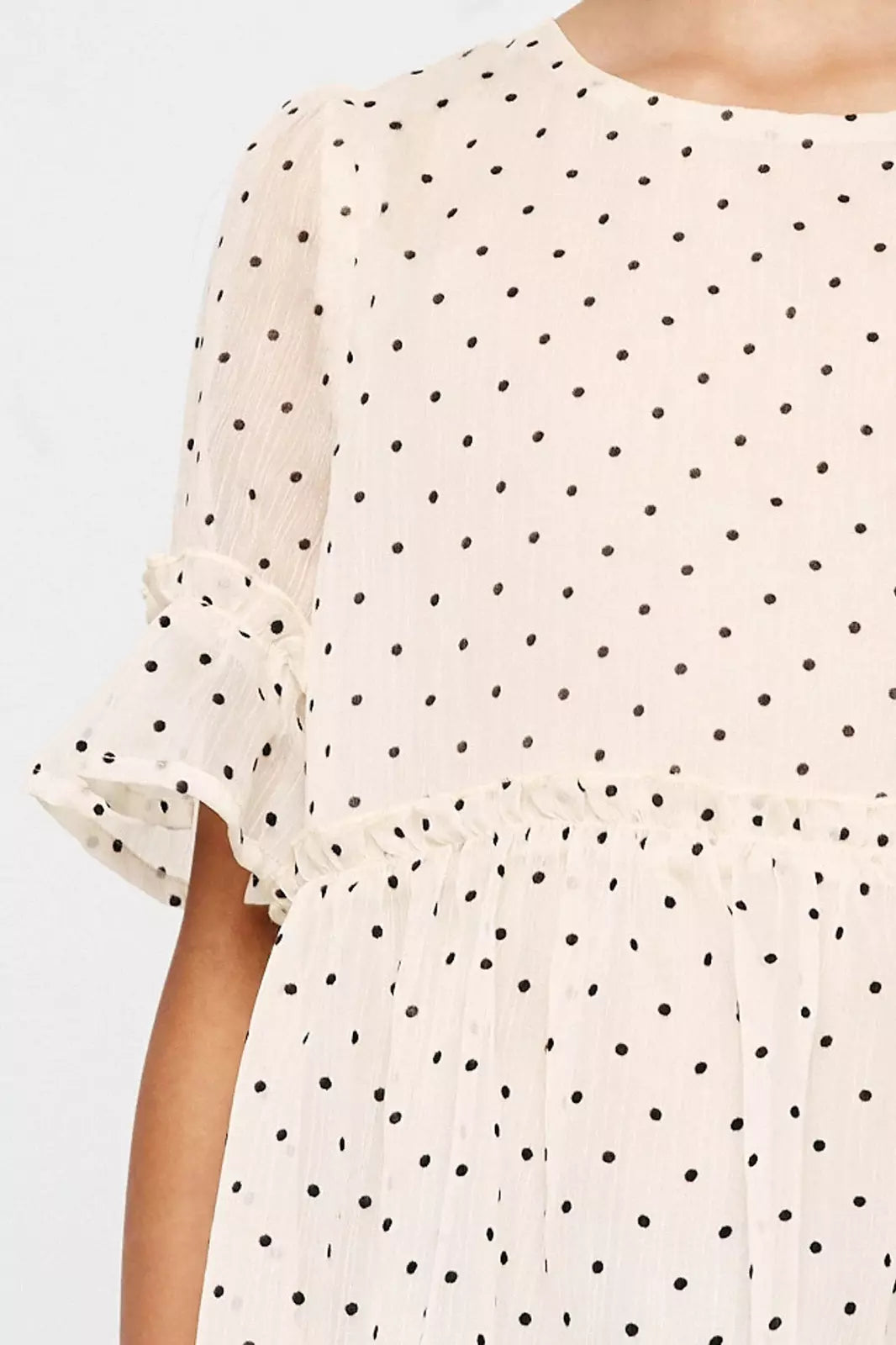 GY2775 Hayden Girls Ruffled Detail Sheer Polka Dot Peplum Top 