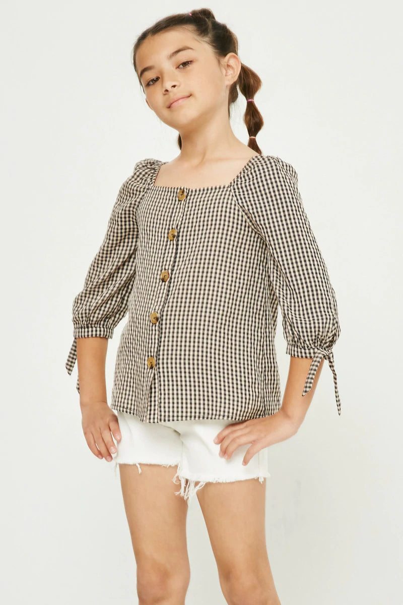 GY2807 Hayden Girls Gingham Tie Sleeve Buttoned Blouse 