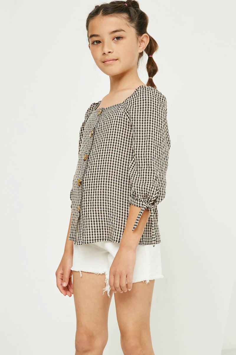 GY2807 Hayden Girls Gingham Tie Sleeve Buttoned Blouse 