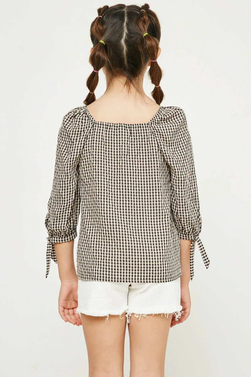 GY2807 Hayden Girls Gingham Tie Sleeve Buttoned Blouse 