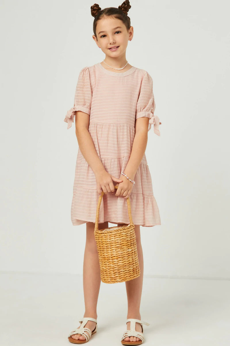 GY5595 Hayden Girls Textured Stripe Tie Sleeve Tiered Dress 