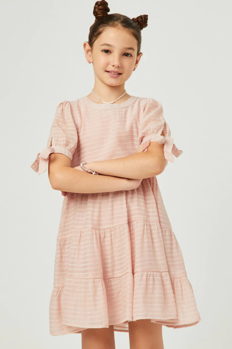 GY5595 Hayden Girls Textured Stripe Tie Sleeve Tiered Dress 