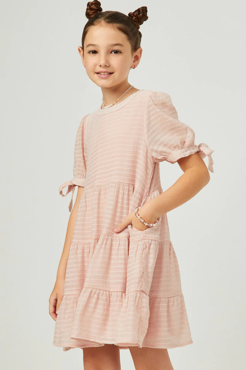 GY5595 Hayden Girls Textured Stripe Tie Sleeve Tiered Dress 