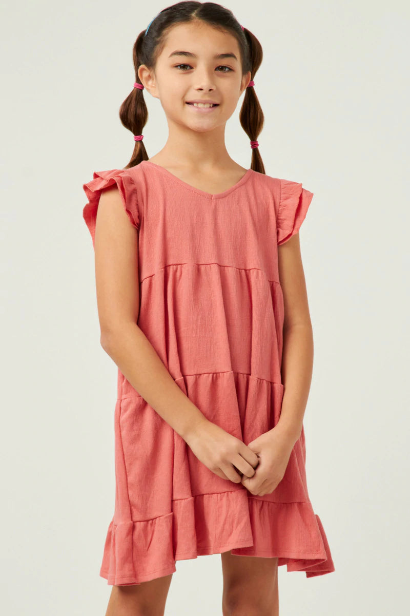 GY5652 Hayden Girls V Neck Crinkle Texture Knit Ruffled Shoulder Dress 