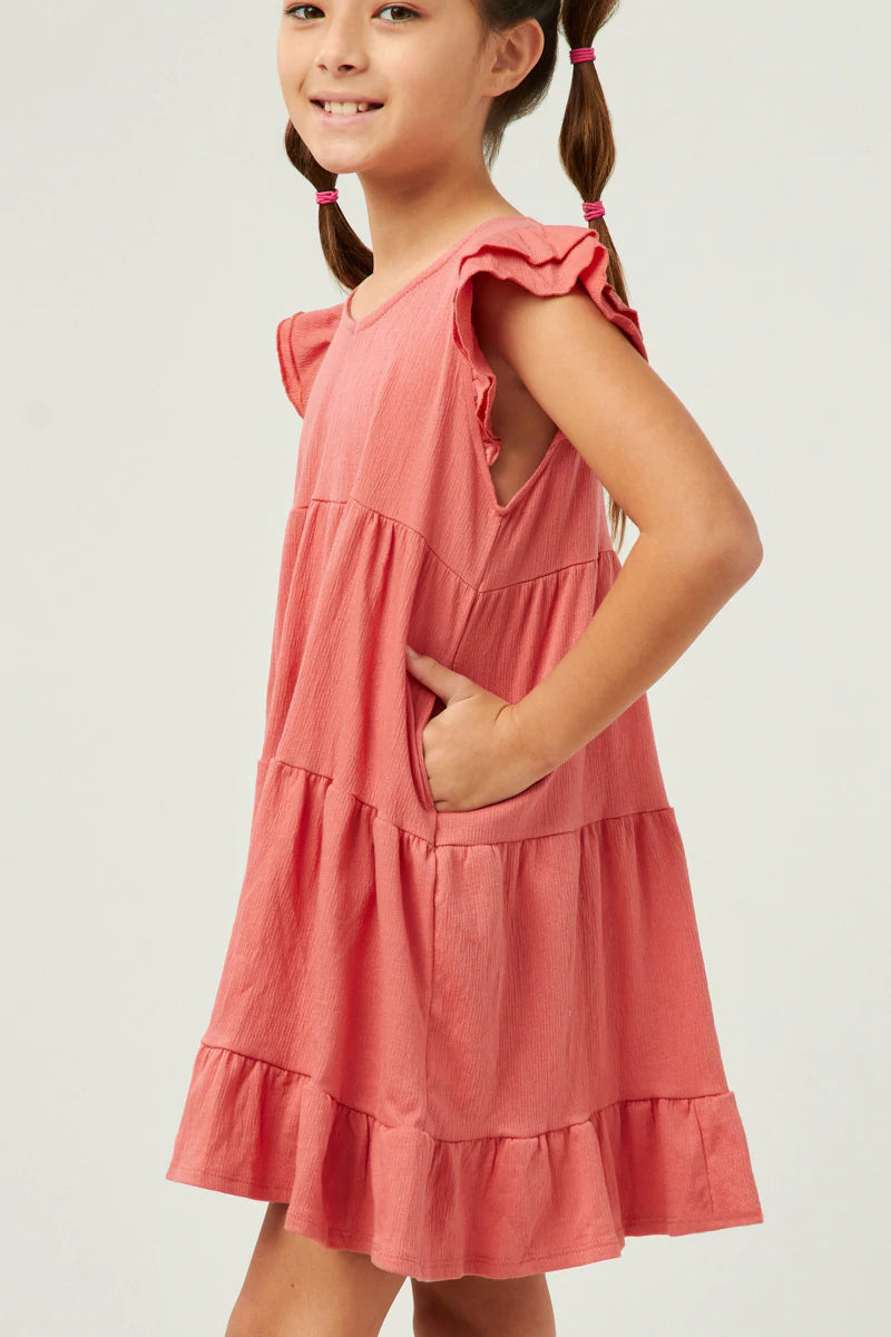 GY5652 Hayden Girls V Neck Crinkle Texture Knit Ruffled Shoulder Dress 