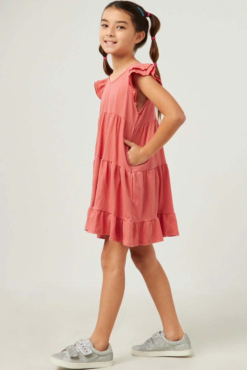 GY5652 Hayden Girls V Neck Crinkle Texture Knit Ruffled Shoulder Dress 