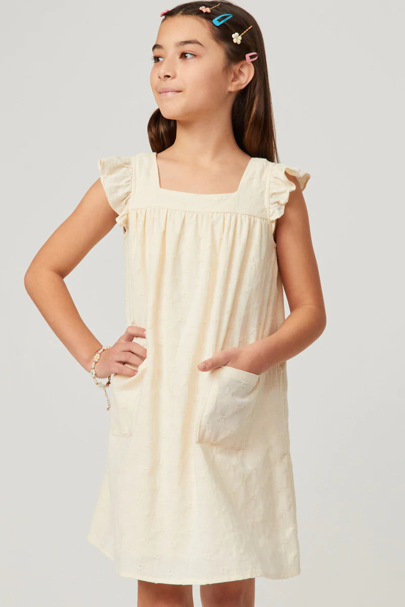 GY5740 Hayden Girls Textured Square Neck Ruffled Sleeve Patch Pocket Dress 