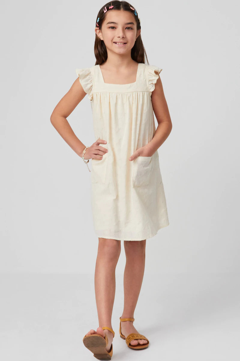 GY5740 Hayden Girls Textured Square Neck Ruffled Sleeve Patch Pocket Dress 