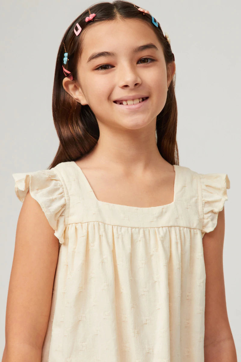 GY5740 Hayden Girls Textured Square Neck Ruffled Sleeve Patch Pocket Dress 