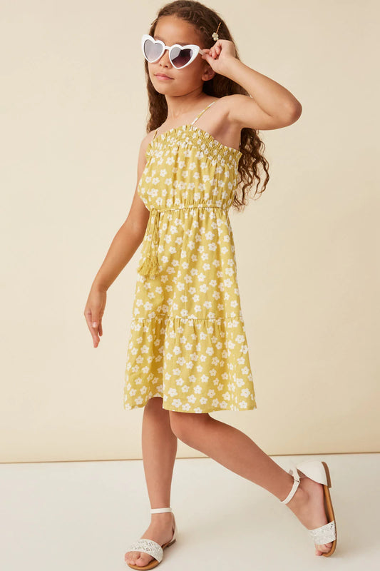 GY5982 Hayden Girls Floral Print Smocked Detail Tie Waist Midi Dress 