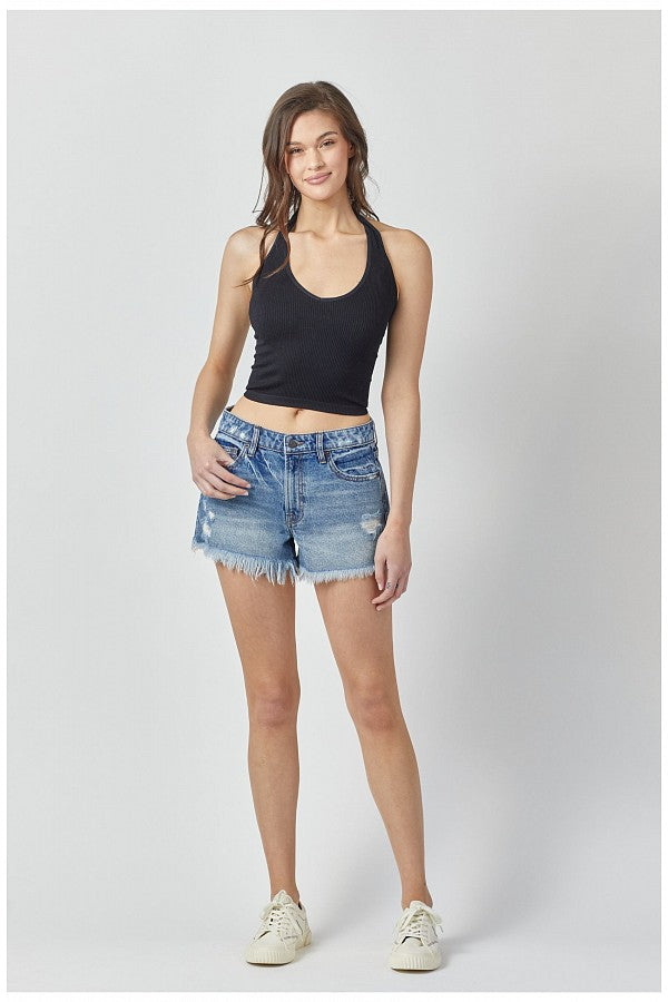 HD4193DK Hidden Dark Wash Distressed Frayed Shorts