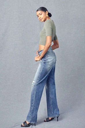 KC8682M Kancan Ultra High Rise 90's Flare Jeans Pants & Shorts