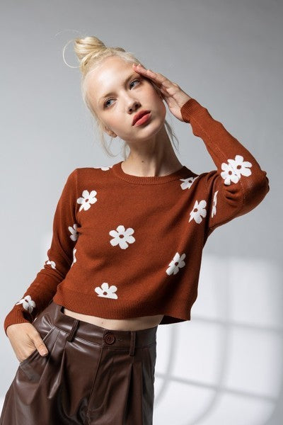 PT16790 Papermoon Emery Round Neck Long Sleeve Daisy Knit Top