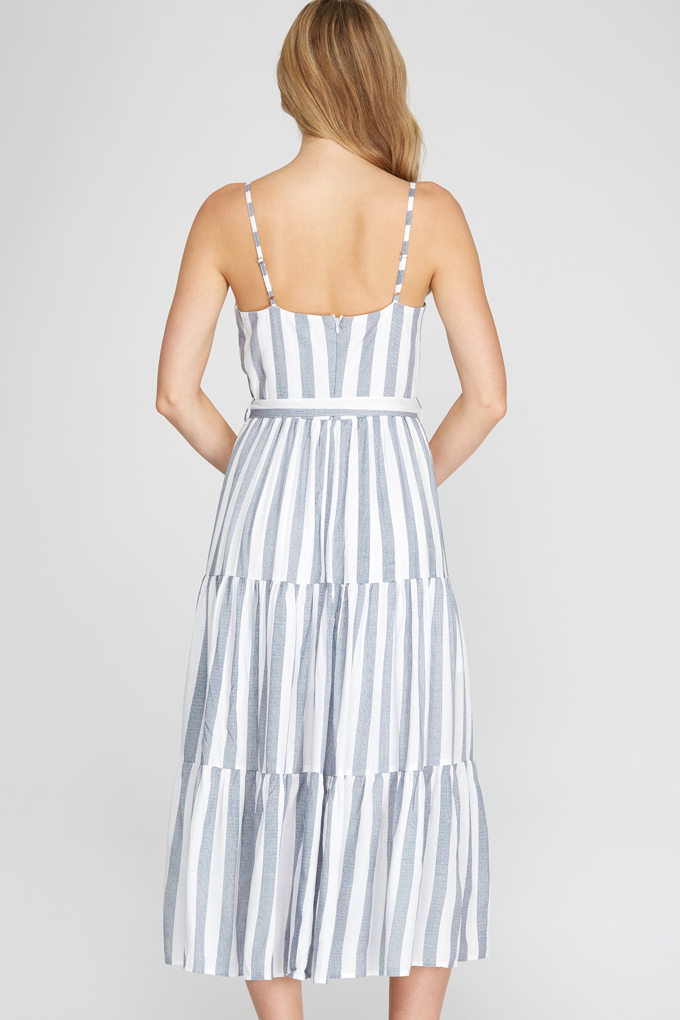 SS9744 She + Sky Sleeveless Woven Striped Midi Dress With Sash Dresses, Skirts, & Jumpsuits