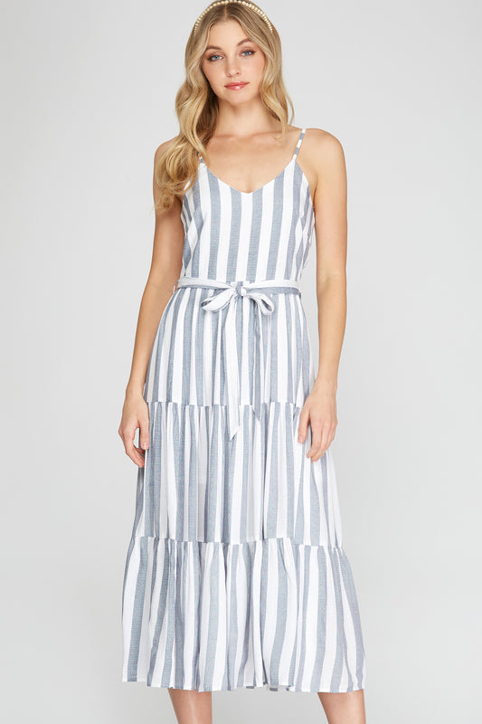 SS9744 She + Sky Sleeveless Woven Striped Midi Dress With Sash Dresses, Skirts, & Jumpsuits