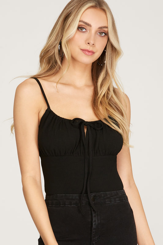 SY1219 She + Sky Rib Knit Ruched Cami Bodysuit With Snap Closure Tops